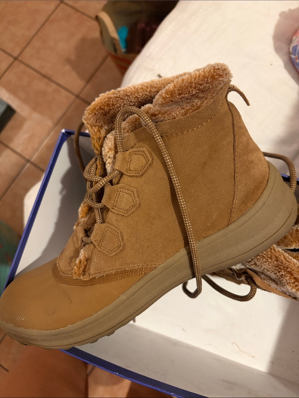 Faux-Shearling Lined Suede Lace-Up Boot in Camel